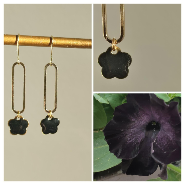Boucles d&#039;oreilles fleurs noires et ovale, acier inoxydable doré -sans nickel 