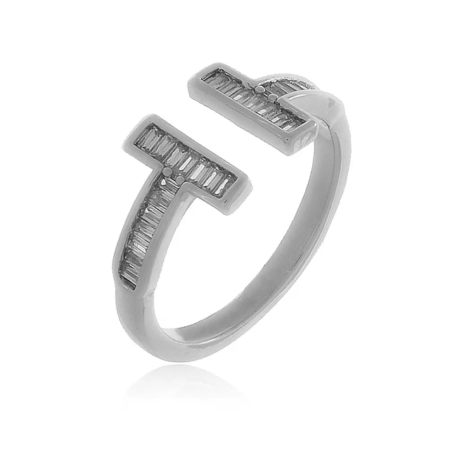 Anel em H com Zircônia Baguete Ajustável N.16 - Ródio