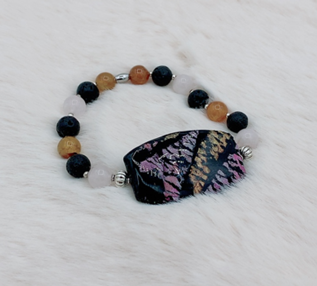 Bracelet "Eclat Naturelle" ,Pierres de Lave , Quartz Rose et Agate