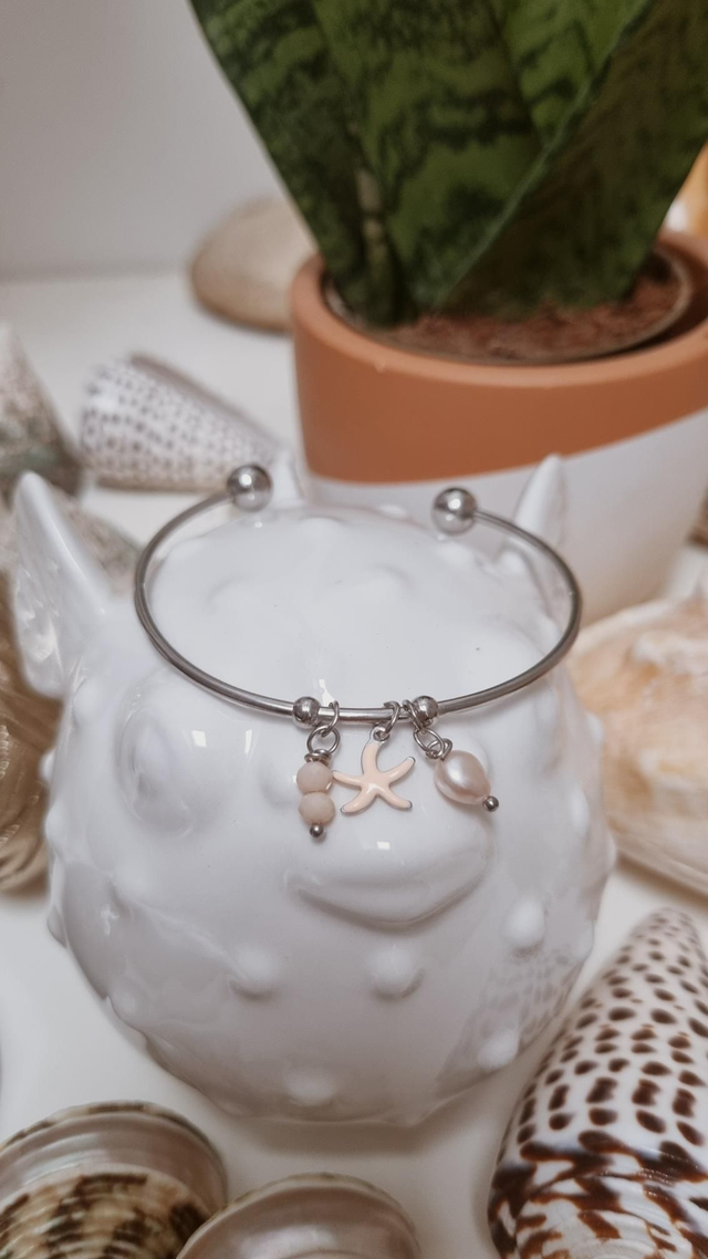 Jonc acier argenté - étoile de mer rose 