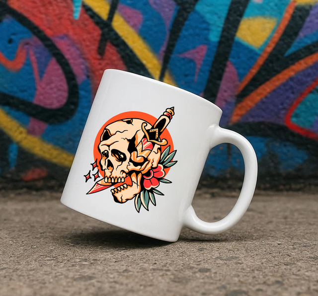 Traditional Tattoo Style Broken Skull 11oz Ceramic Printed Mug Design