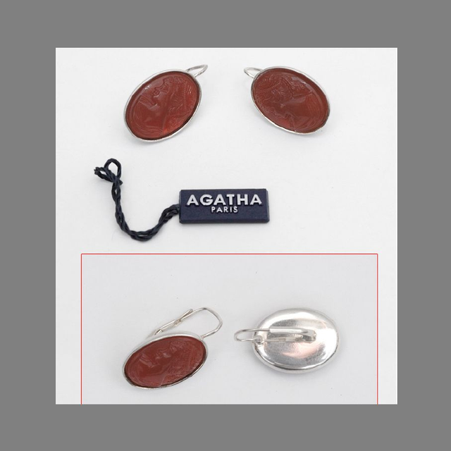 Paire de boucles d'oreilles  argent et Camay Vintage Agatha  (collector)