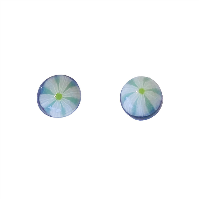 Stud earrings with green and white murine flower on a dark blue background (Ref ESS9)