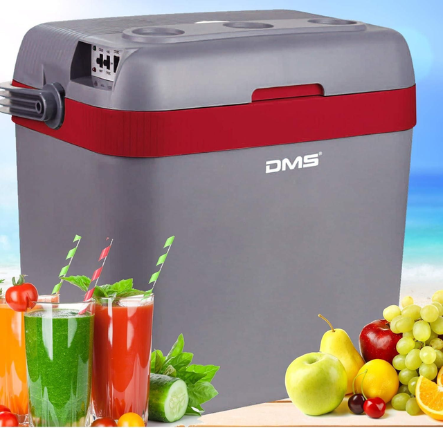 DMS thermoelektrische Kühl/ Wärmebox 33 L | Gefriertasche | Getränkebox | Kühl- und Warmhaltefunktion | Auto und LKW | Camping | 12-24 V | grau-rot