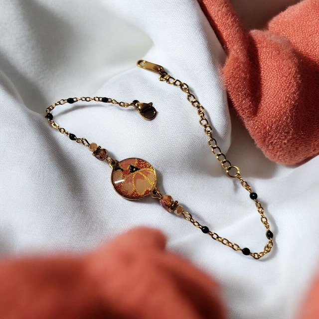 bracelet acier inoxydable motifs japonais corail noir et doré