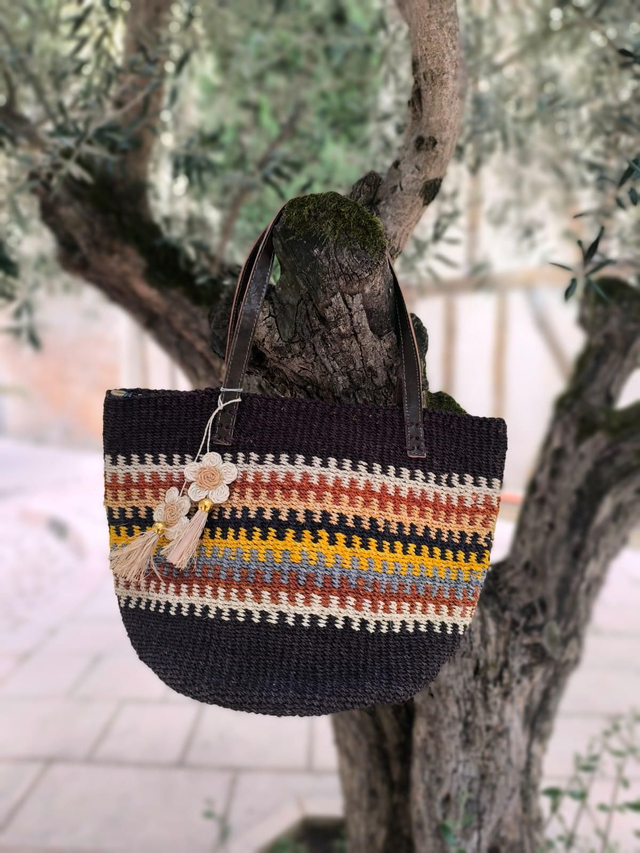 Sac cabas en Raphia à motifs noir 