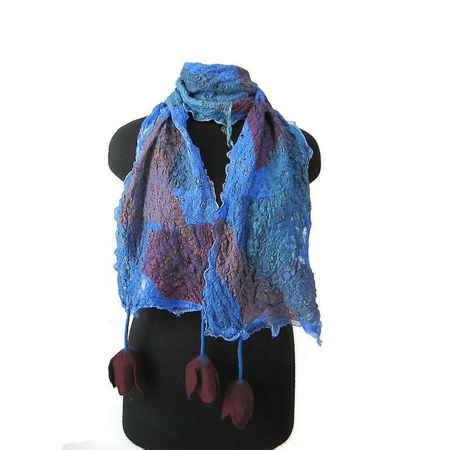 Sciarpa blu feltro di lana seta Sciarpa lunga con tulipani fiori borgogna infeltrita fatta a mano regali unici per donne stile boho