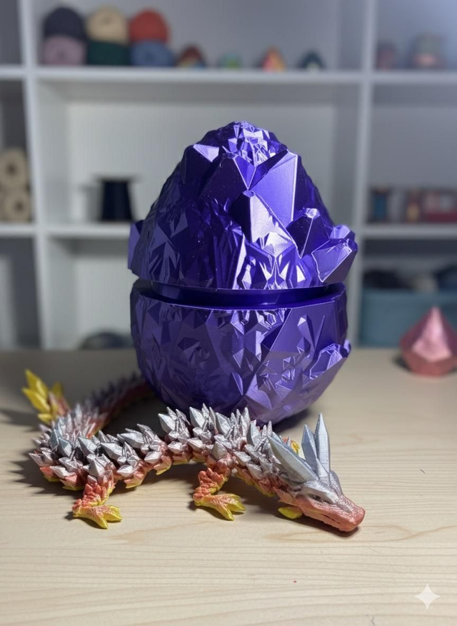 3D Printed Dragon Egg with Articulated Crystal Dragon