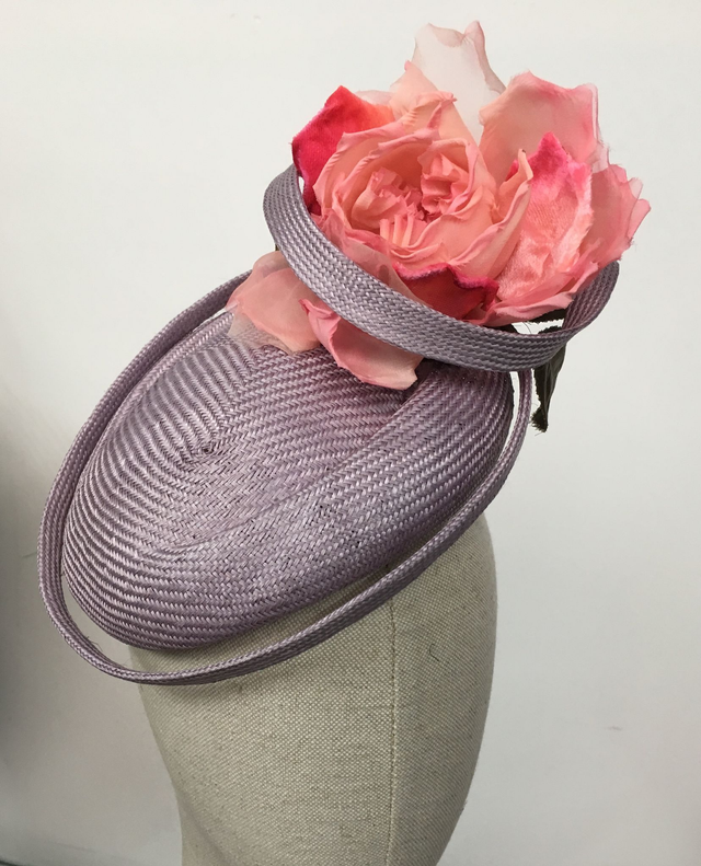 Lilac straw percher with pink silk and velvet rose