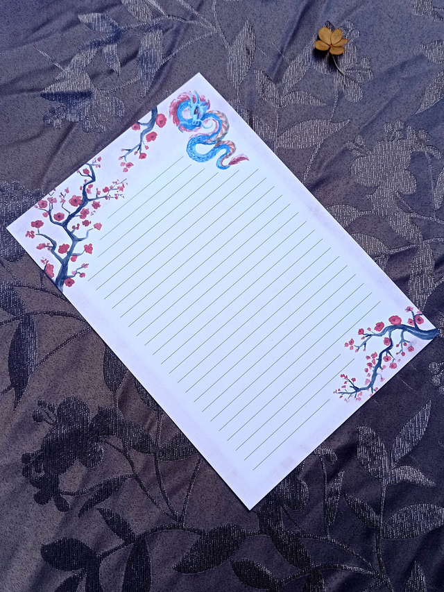 Papier à lettres et enveloppes – Dragon japonais & cerisiers en fleur