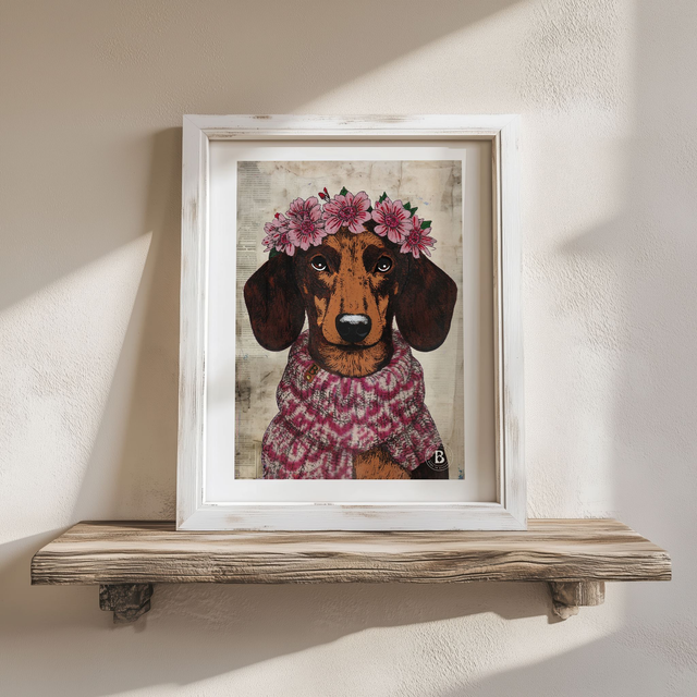 Dachshund Dog In Floral Mixed Media Art Print A4