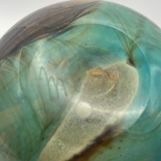 Mdina Glass Vase – Tiger Pattern in Blue, Yellow, Green & Brown – Signed “Mdina”, 13cm