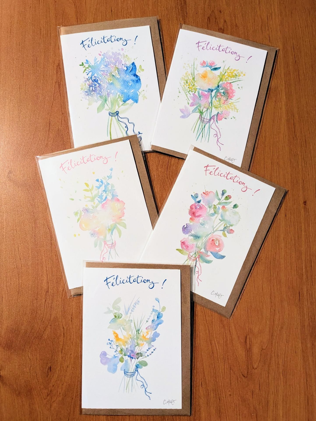 Carte félicitations bouquets de fleurs, diverses couleurs