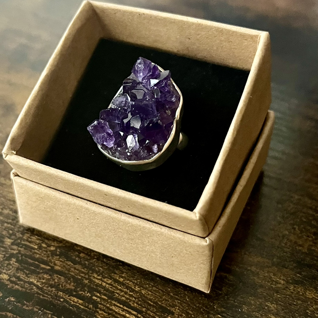 Bague en argent et Améthyste brute - Taille 55 réglable 