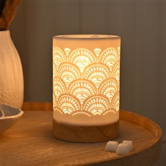 White Fan Effect Ceramic &amp; Wood Wax Warmer