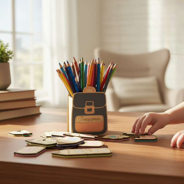 Pot à crayons et stylos en bois, cadeau pour enfants, décor cartable