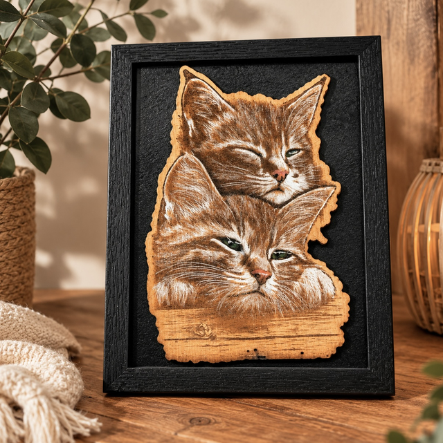 Tableau animalier en relief en bois gravé – Cadre 13x18 cm – Décoration artisanale