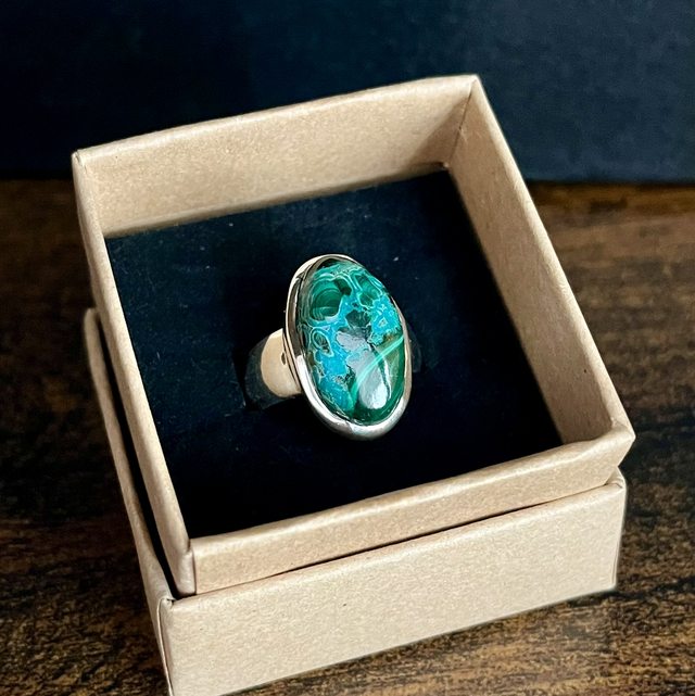 Bague en argent et Malachite à Chrysocolle - Taille 54