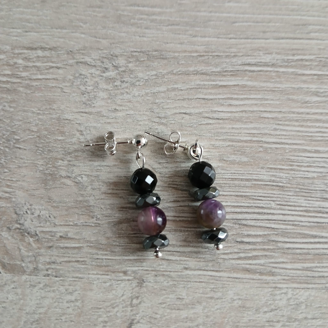 Amethist, Hematiet en Onyx oorbellen – zilverkleurige RVS (1.350)