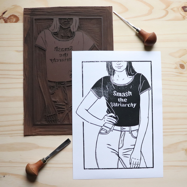 Linogravure A4 Smash the Patriarchy