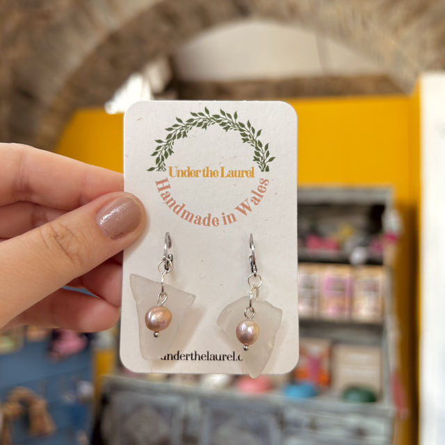 White Sea Glass Huggie Hoop Earrings with Fresh Water Pearls 