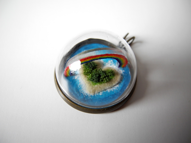 Tavarua Island - OOAK Biosphere Brass Jewelry - Clear glass dome with a delicate handmade island topped with a rainbow – summer jewelry