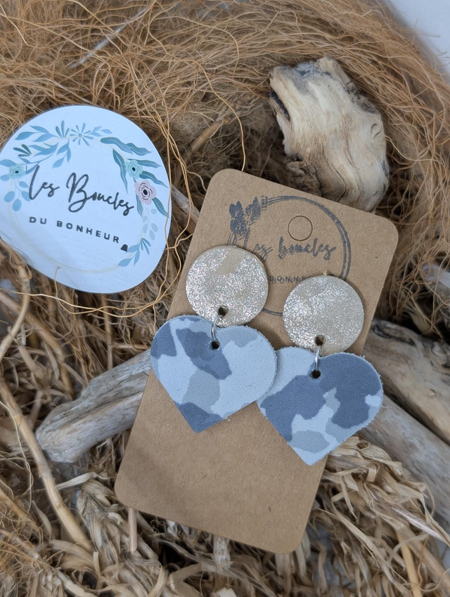 Boucles d&#039;oreilles Coeur ❤️  gris treillis c2052