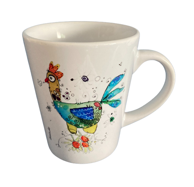 Konische Keramiktasse "Huhn - blau/gelb"