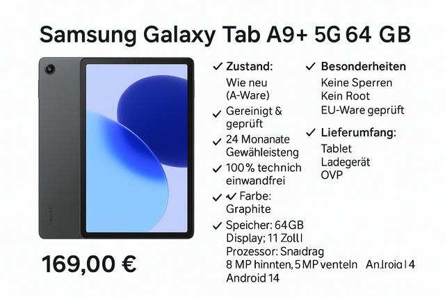 Samsung Galaxy Tab A9+ 5G – 64 GB Graphite (mit Ladegerät & OVP)