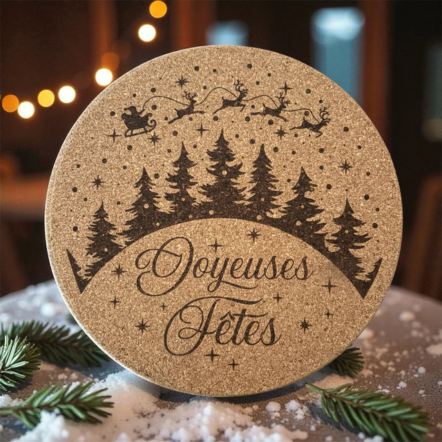 Dessous de plat liège - Joyeuses Fêtes traîneau au dessus de la forêt