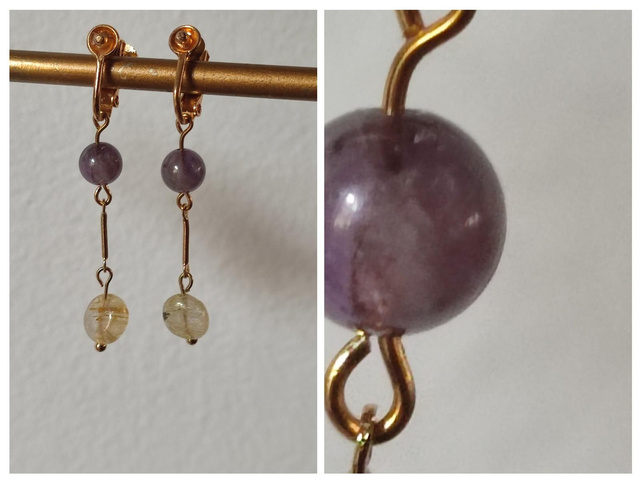Clips pour ces boucles d&#039;oreilles en améthyste et citrine ( pierres naturelles) en acier inoxydable doré -sans nickel 