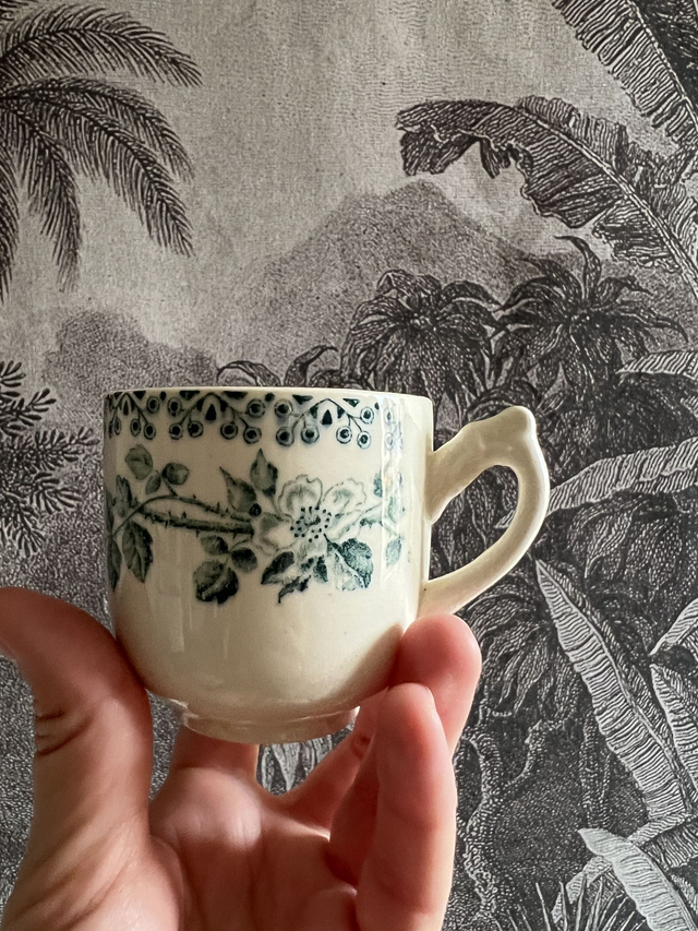 Guadeloupe - Tasse à café gris-vert & sa sous-tasse de la manufacture française de Saint-Amand pour les Ets Debray