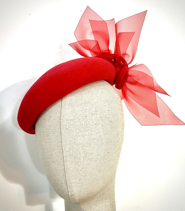 Red fur felt asymmetric beret with red crinoline trim