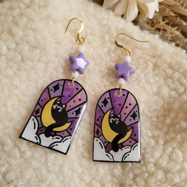 Boucle d'oreille chat lune vitrail