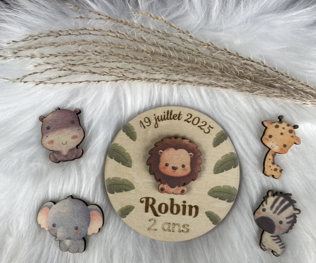 Magnet en bois anniversaire enfant thème jungle, savane, safari 