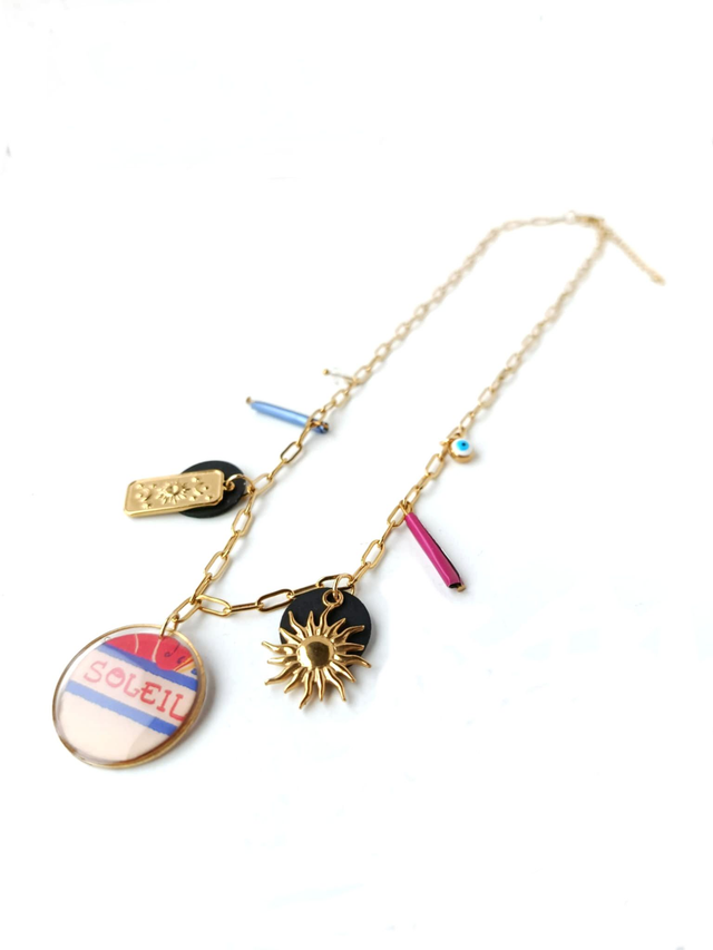 Collier à Breloques Upcyclé Carte de Tarot, Chambre à Air & Aluminium Recyclés - Soleil