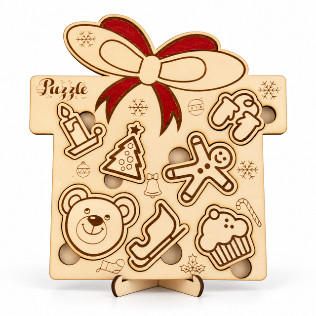 Puzzle natalizio a pacco regalo in legno – gioco per le feste