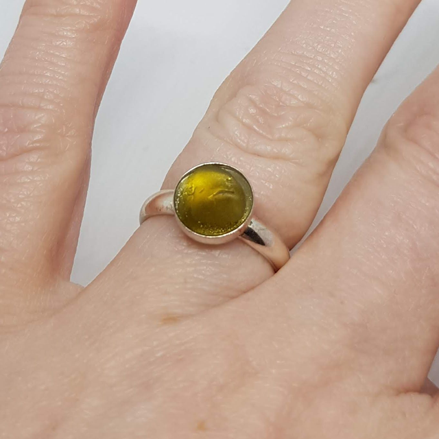 Sale: Sterling Silver Ring with Scottish Seaglass: Yellow Olive