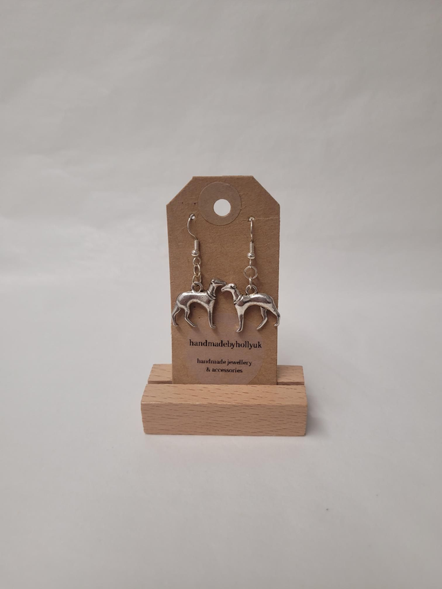Greyhound Charm Drop Earrings - Silver Plated - HBH-026