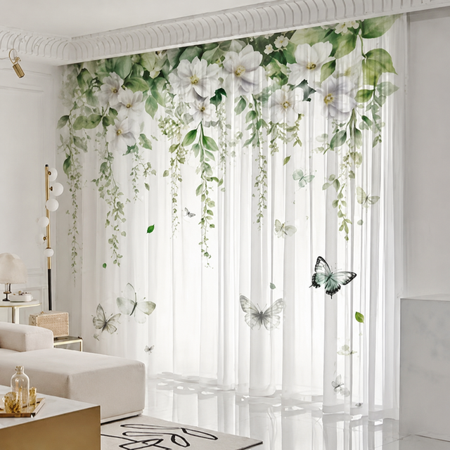 2pcs Floral &amp; Butterfly Print Voile Curtains