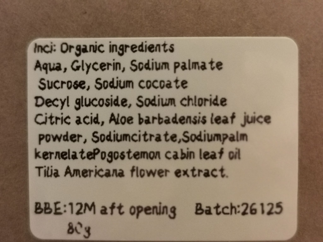 Glycerine Soap (organic ingredients) with organic Linden Blossom & Patchouli 90g approx