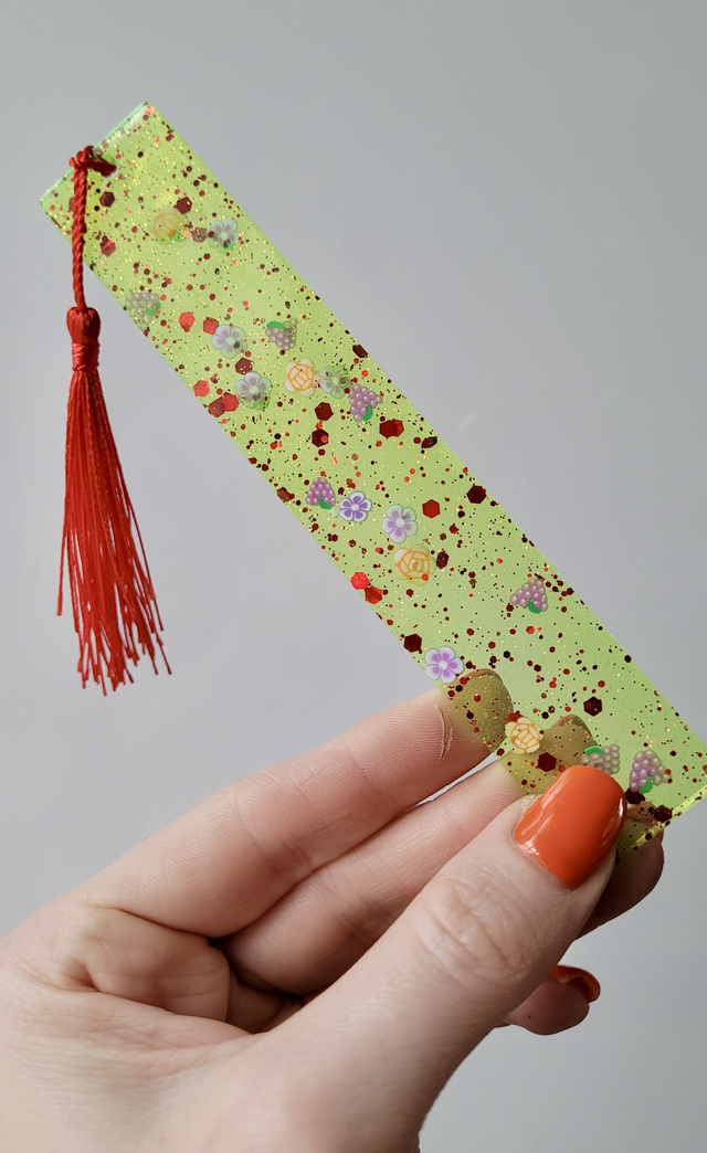 Flower and Fruit Green Glitter Bookmark with Red Glitter and Tassle