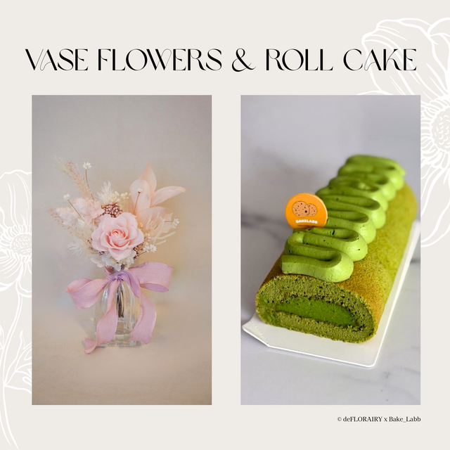 Rose: Blush Whimsy Flower in Vase &amp; Roll Cake | Direct Home Delivery | 4 Days in Advance