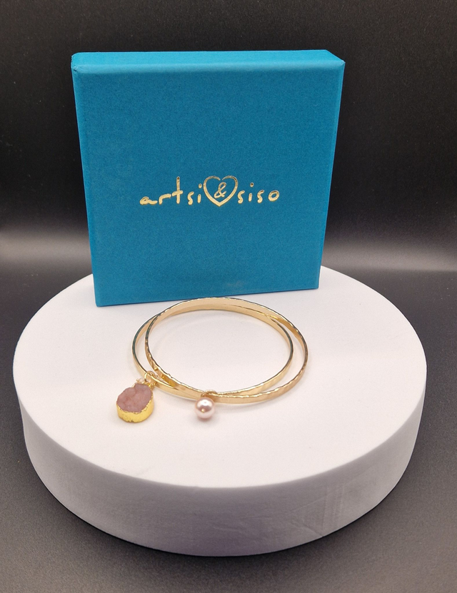 Gold Bangle Bracelet with Pink Druzy Stone 