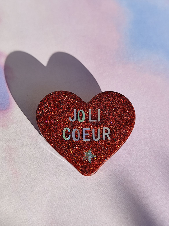 Broche cœur à paillettes - message : JOLI COEUR