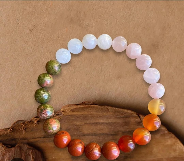 Bracelet "FERTILITÉ" en Pierre de lune, Quartz rose, Unakite et Jaspe rouge - 8mm 