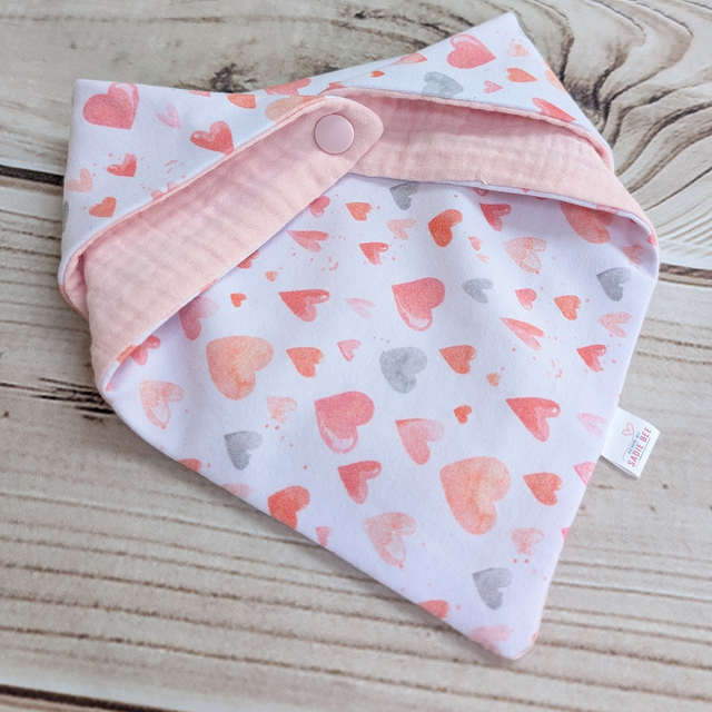 Pink & Grey Hearts Drool Bib - Handmade & Reversible
