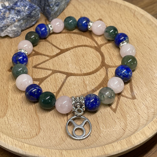 🌸♉️🍀Bracelet Signe Taureau Quartz rose, Lapis Lazuli et Agate mousse
