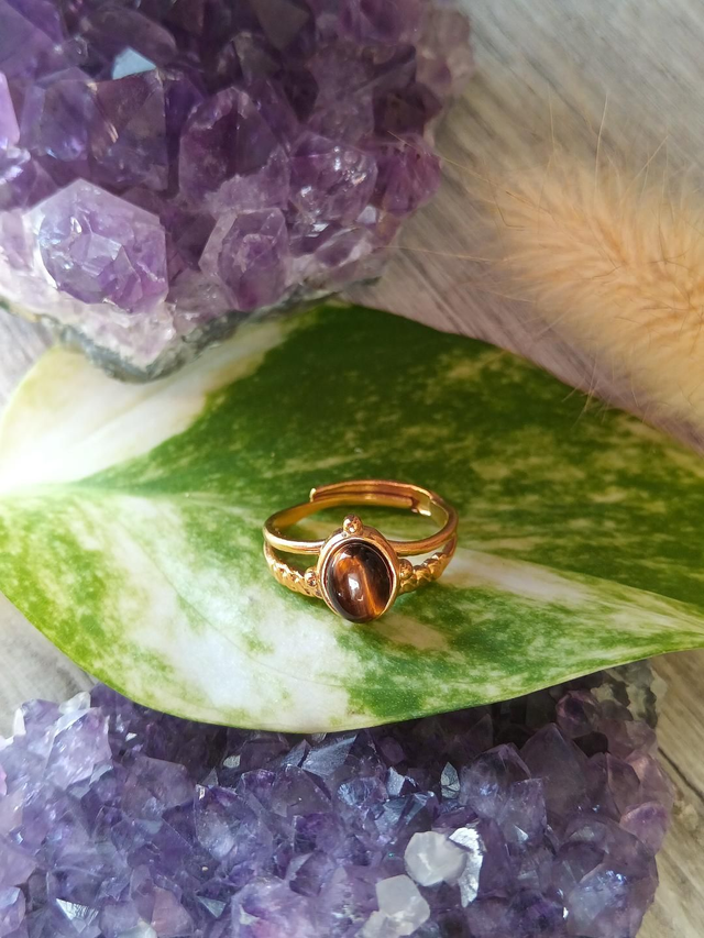 Bague ajustable acier doré, oeil de tigre