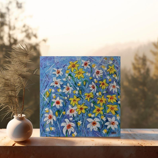 Champ de Narcisses Jaunes et Blancs sur Fond Bleu Tableau Abstrait Floral 